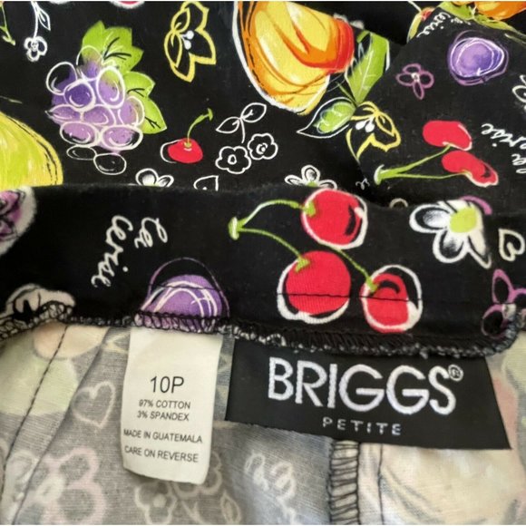 Women's Capri Length Pants Briggs 10 Petite Stretch Black Colorful Fruit Flowers - Picture 7 of 7